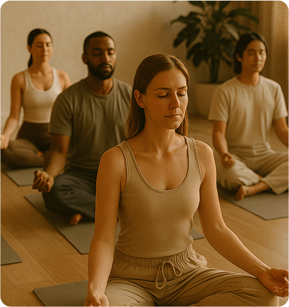 Young woman meditating with closed eyes during a group session