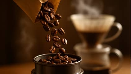 Freshly roasted coffee beans falling, rich aroma.