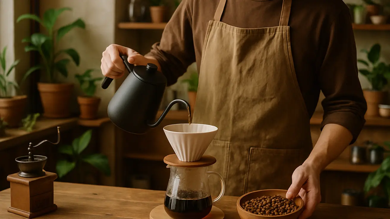 Generate a warm, authentic image that reflects the story and values of a specialty coffee shop. Show a barista preparing coffee with care — pouring from a kettle into a dripper or arranging freshly roasted beans. The setting is a cozy, well-lit café with wooden surfaces, plants, and coffee tools. Use soft, natural lighting and earthy tones. Focus on craftsmanship and passion, not the face. Mood: welcoming, artisanal, thoughtful.