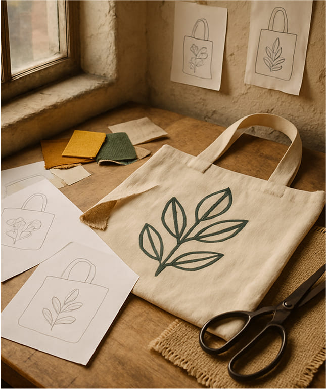 A studio space with sketches, fabric samples, scissors, and a half-finished eco tote bag on a work table. Natural lighting from a window, lots of texture and personality. This scene hints at the handmade and artist.jpg