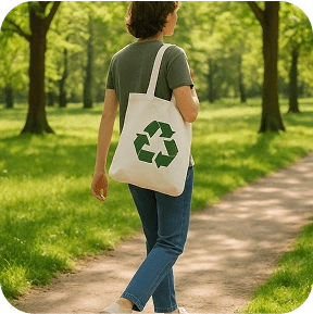 A woman with an eco-bag on her shoulder.
