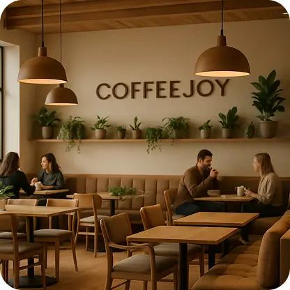 Cozy cafe interior with wooden tables, plants on the wall, and people enjoying coffee at CoffeeJoy