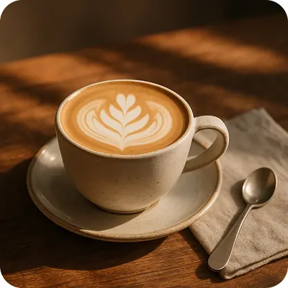 Cup of latte with leaf-shaped latte art on a wooden table with a spoon and napkin