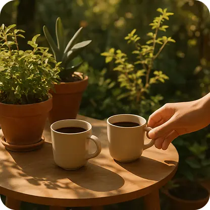 Two coffee cups on a wooden outdoor table surrounded by potted plants, with a hand reaching for one