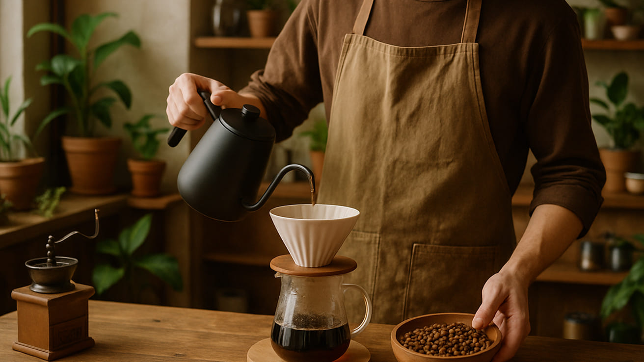 Coffee pouring with filter and coffee beans