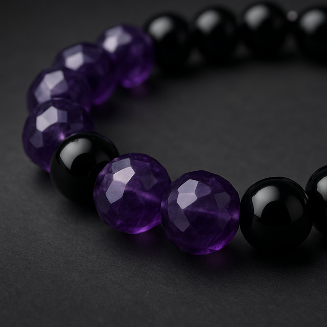 Purple gemstone necklace on a dark-gray background