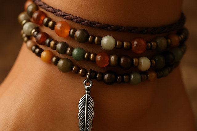 Ankle bracelet with warm-colored beads and silver feather charm