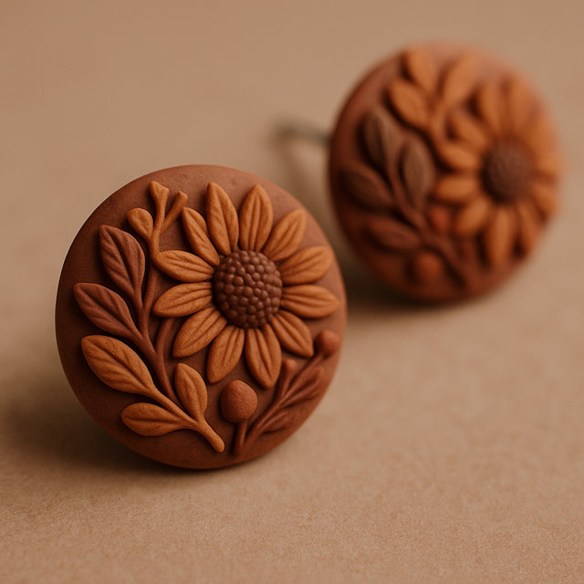 Round brown stud earrings featuring a sunflower