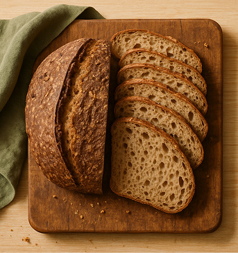 Sliced wholegrain organic sourdough bread on a wooden board