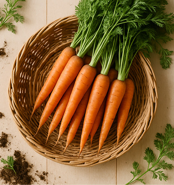 A bunch of organic carrots with green tops in a basket
