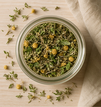 A glass bowl filled with organic herbal tea mix