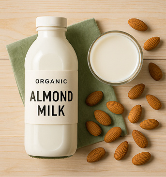A bottle and a glass of organic almond milk next to almonds