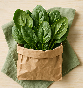 Fresh organic spinach leaves in a paper bag