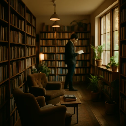 Warm bookshelf with soft light