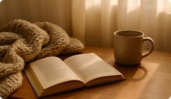 Відкрита книга, плед і чашка кави